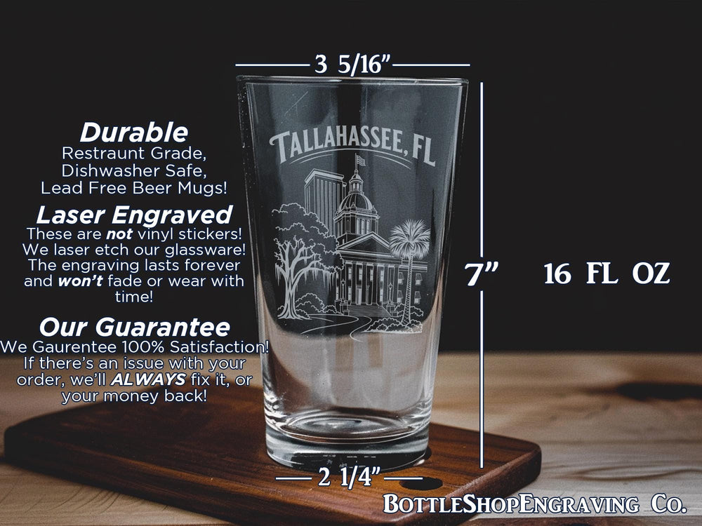 Tallahassee FL Pint Glass, Tallahassee Florida Souvenir Beer Glass, City Name Drinkware, Florida Travel Gift, Bar Glassware