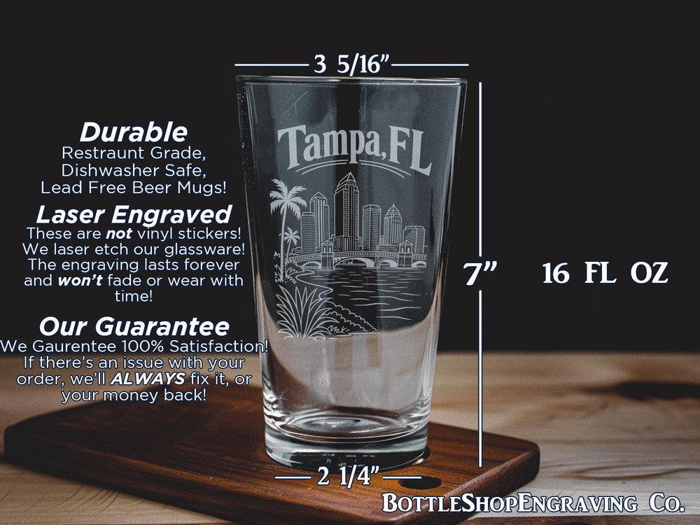 Tampa FL Pint Glass, Tampa Florida Souvenir Drinkware, Tampa Bay City Skyline Travel Gift, Florida Vacation Keepsake Glass