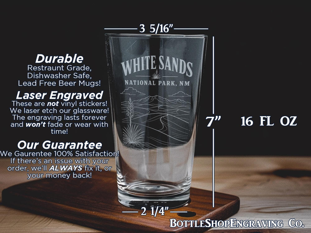 White Sands National Park New Mexico Pint Glass, White Sands Dunes Souvenir Beer Glass, Desert Landscape Travel Gift