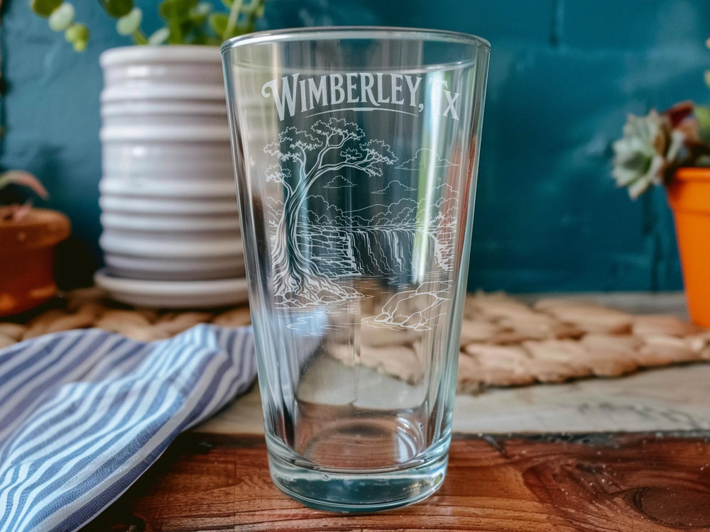 Wimberley TX Pint Glass, Wimberley Texas Souvenir Drinking Glass, Hill Country Travel Gift, Wimberley Keepsake Glass