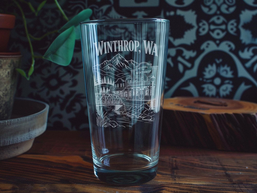 Winthrop WA Pint Glass, Winthrop Washington Souvenir Drinkware, Methow Valley Gift, Pacific Northwest Travel Keepsake Glass