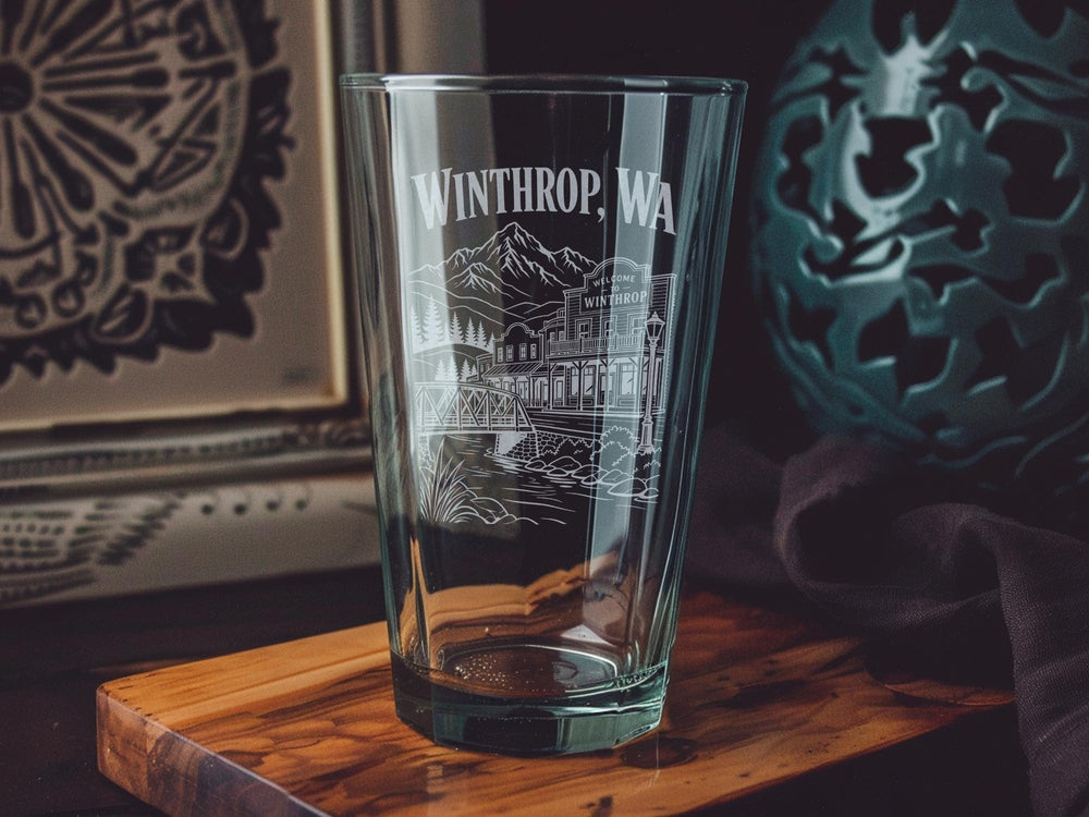 Winthrop WA Pint Glass, Winthrop Washington Souvenir Drinkware, Methow Valley Gift, Pacific Northwest Travel Keepsake Glass
