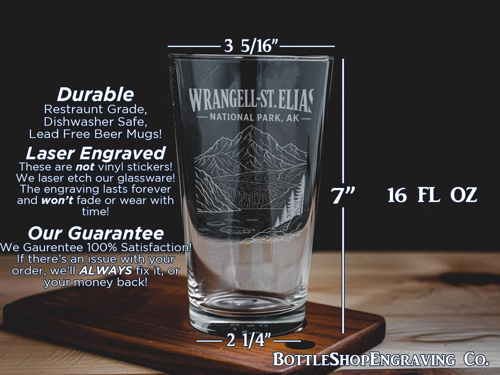 Wrangell-St. Elias National Park Alaska Pint Glass, Mountain Wilderness Souvenir Drinkware, Outdoor Adventure Gift