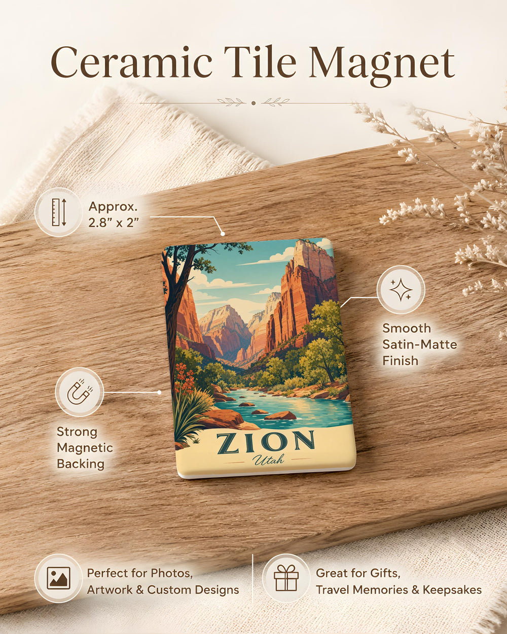 Zion National Park Fridge Magnet, Utah Travel Souvenir, Canyon Landscape Keepsake, National Park Gift for Hikers and Campers
