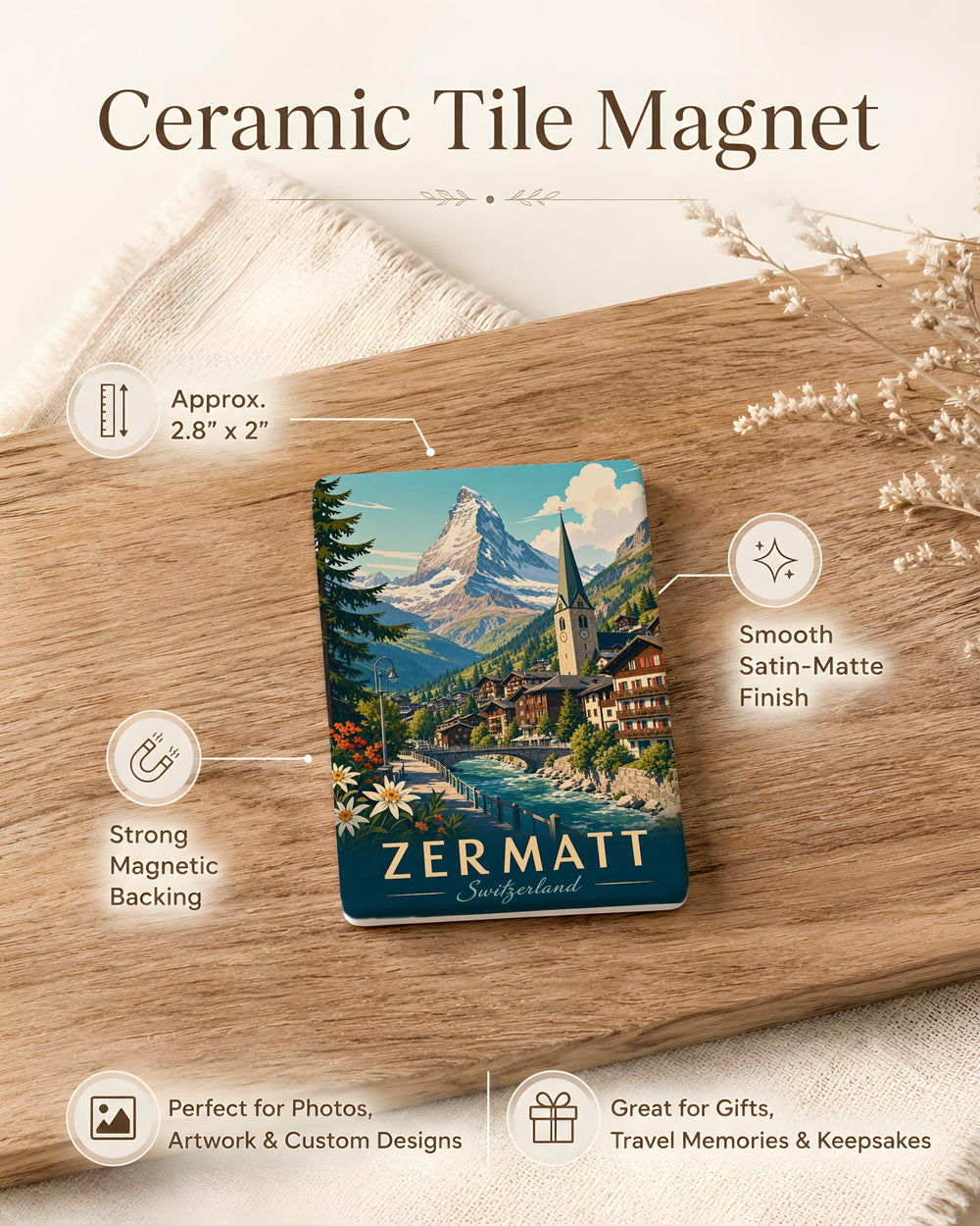 Zermatt Switzerland Fridge Magnet, Matterhorn Mountain Souvenir Magnet, Swiss Alps Travel Keepsake, Zermatt Landmark Magnet