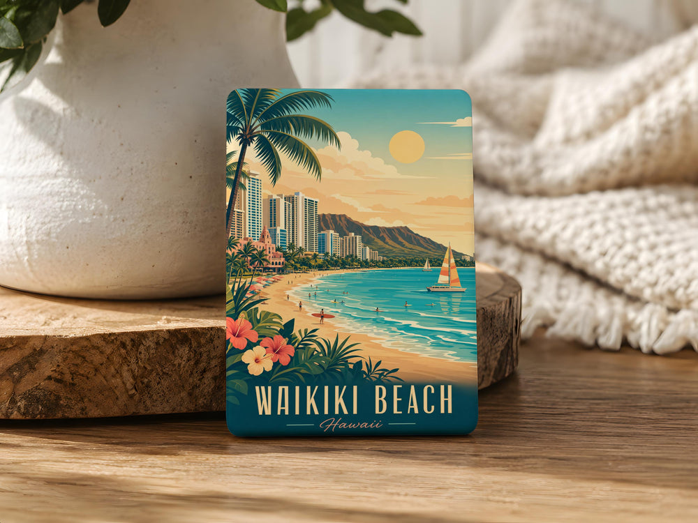Waikiki Beach Fridge Magnet, Honolulu Hawaii Souvenir, Tropical Beach Scene, Ocean Waves, Palm Trees, Island Vacation Gift