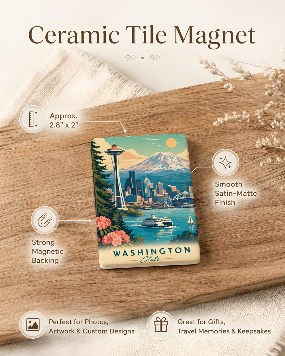 Washington State Fridge Magnet, Washington Souvenir Magnet, Seattle Space Needle Magnet, Pacific Northwest Travel Gift