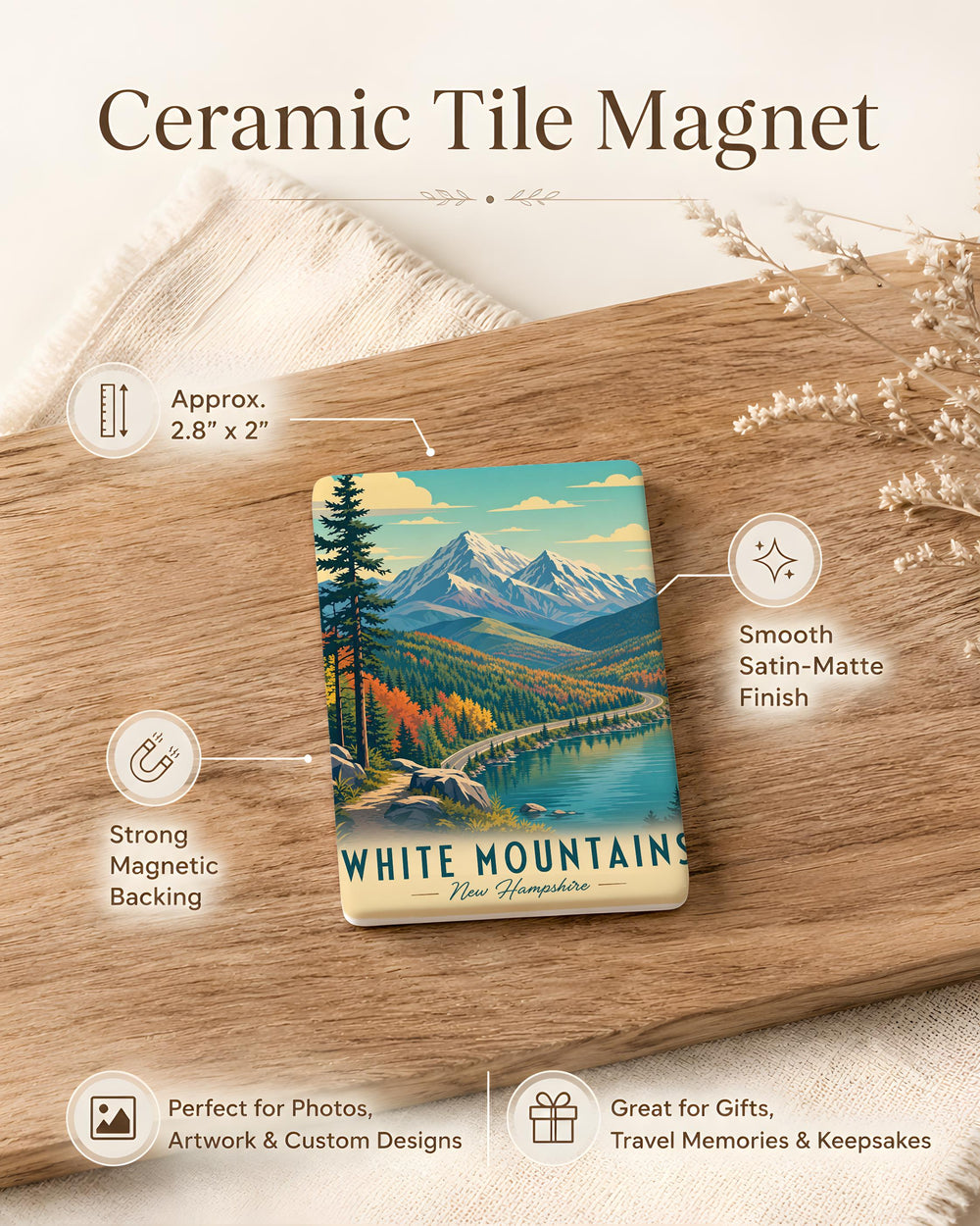 White Mountains Fridge Magnet, White Mountains Landscape Souvenir Magnet, Mountain Range Travel Keepsake Magnet