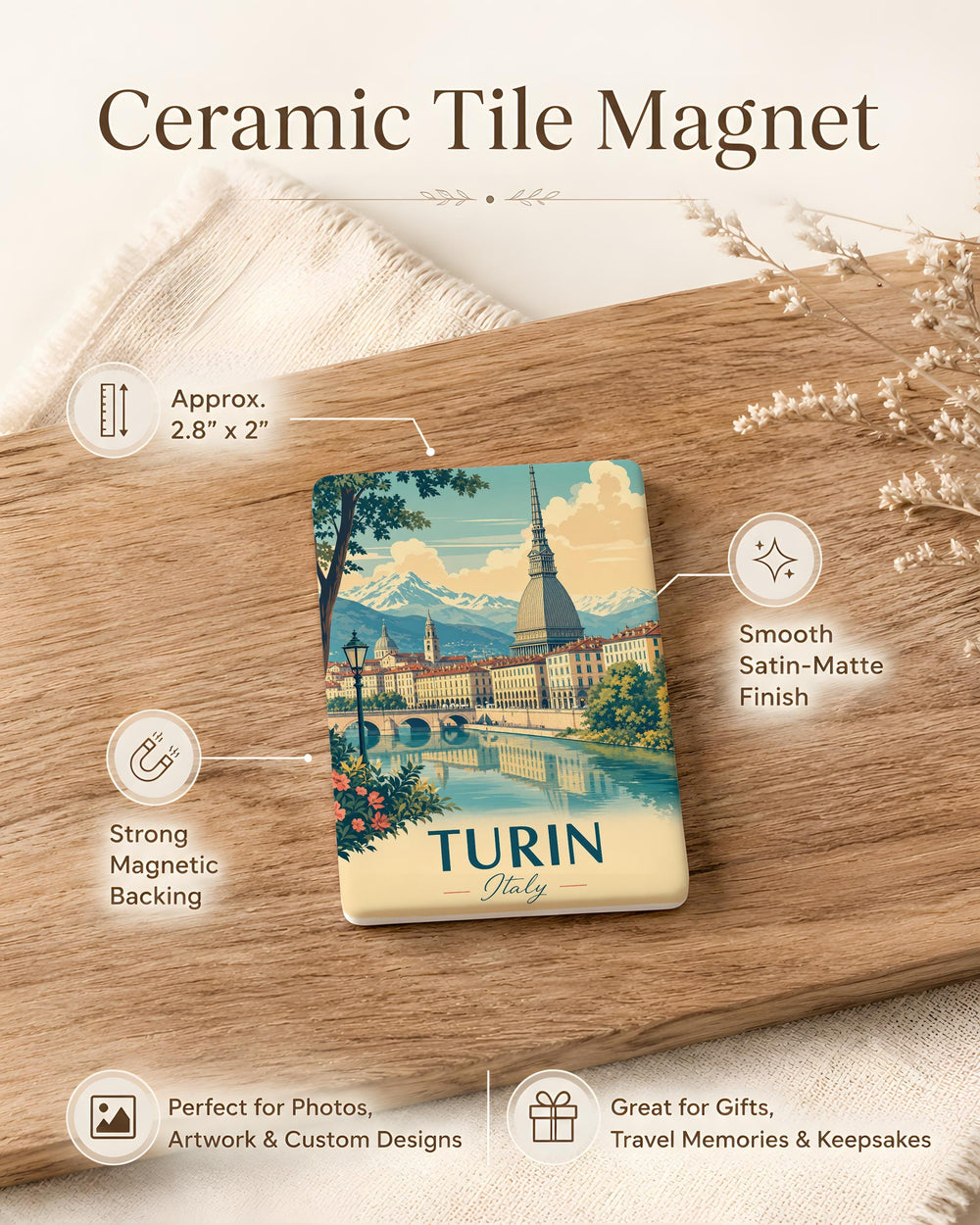Turin Italy Fridge Magnet, Torino Souvenir Magnet, Turin Landmarks Travel Gift, Italy City Keepsake Magnet