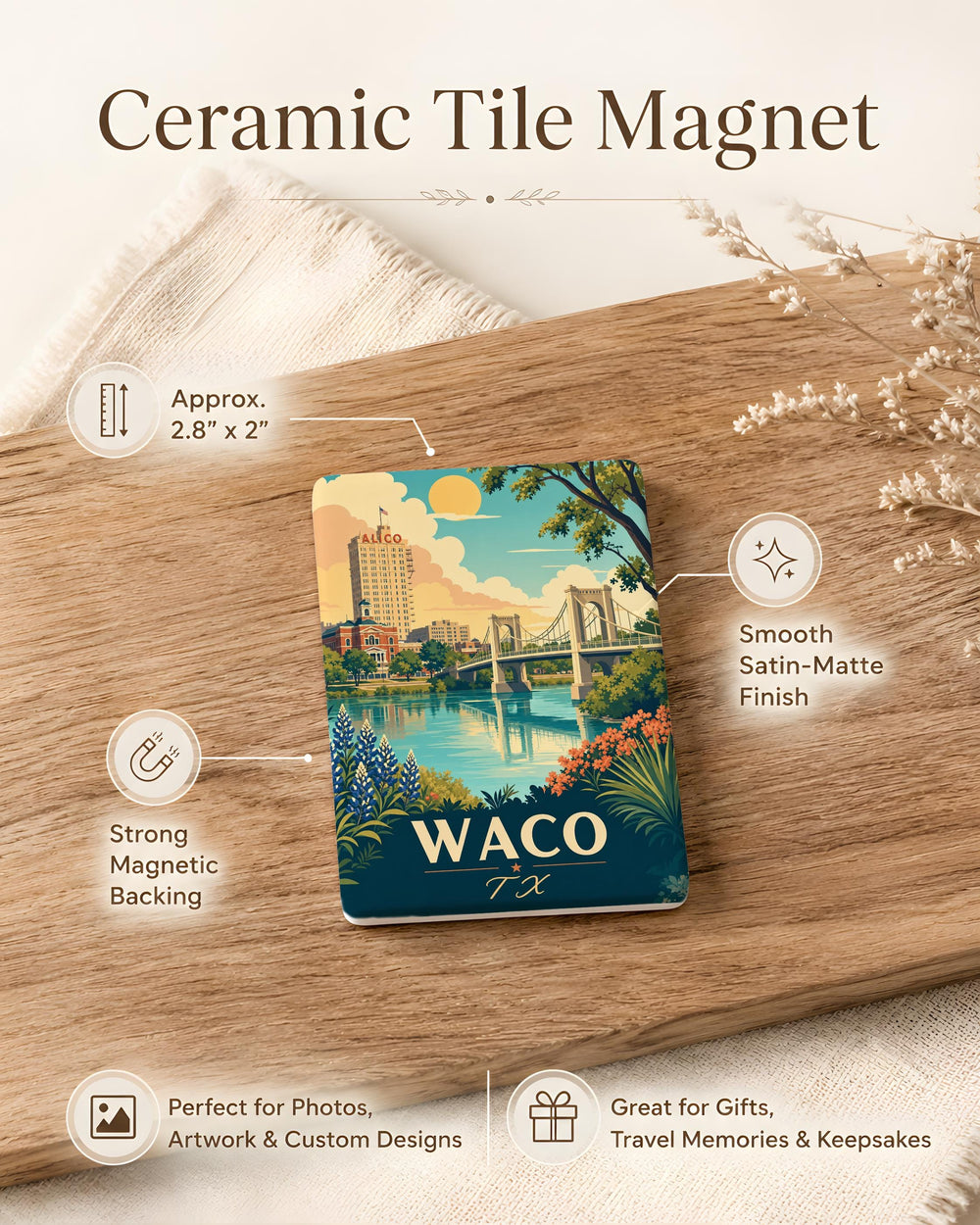 Waco TX Fridge Magnet, Waco Texas Souvenir Magnet, Waco Landmark Travel Keepsake, Texas Gift for Waco Lovers