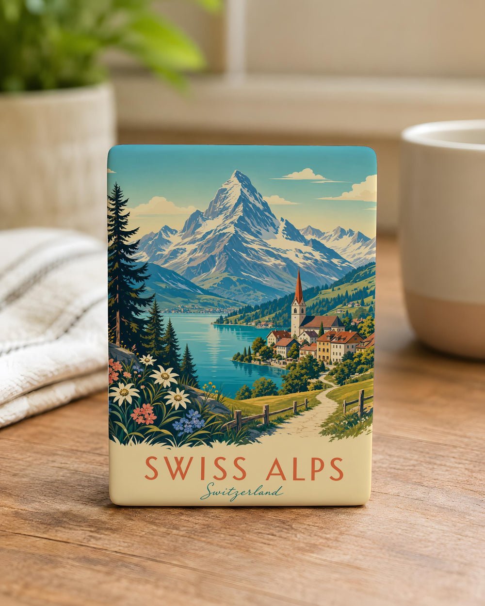 Swiss Alps Fridge Magnet, Alpine Mountain Landscape Souvenir, Switzerland Travel Keepsake, Snowy Peaks & Scenic Valley Magnet