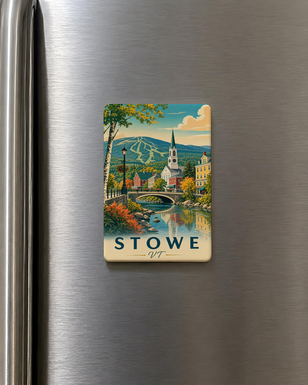 Stowe VT Fridge Magnet, Stowe Vermont Souvenir Magnet, Stowe Village Travel Gift, Vermont Mountain Town Keepsake Magnet
