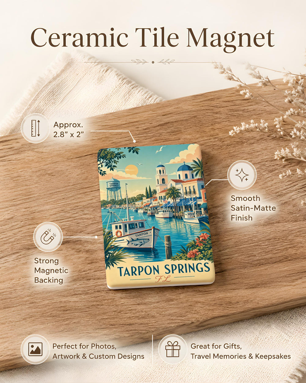Tarpon Springs FL Fridge Magnet, Florida Souvenir Magnet, Tarpon Springs Waterfront Travel Gift, Greek Sponge Docks Keepsake Magnet