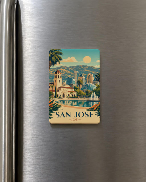 San Jose CA Fridge Magnet, San Jose California Souvenir Magnet, Silicon Valley Travel Gift, City Landmark Keepsake Magnet
