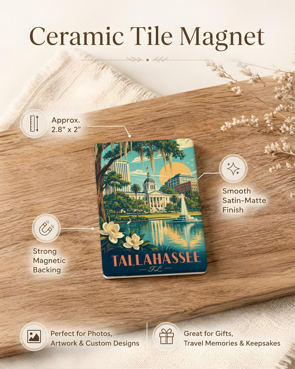 Tallahassee Florida Fridge Magnet, Tallahassee FL Souvenir Magnet, Florida Capital Travel Gift, City Landmark Keepsake Magnet