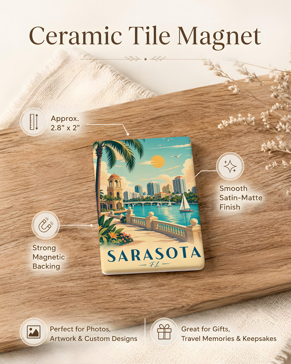 Sarasota FL Fridge Magnet, Sarasota Florida Souvenir Magnet, Gulf Coast Travel Gift, Beach Vacation Keepsake Magnet