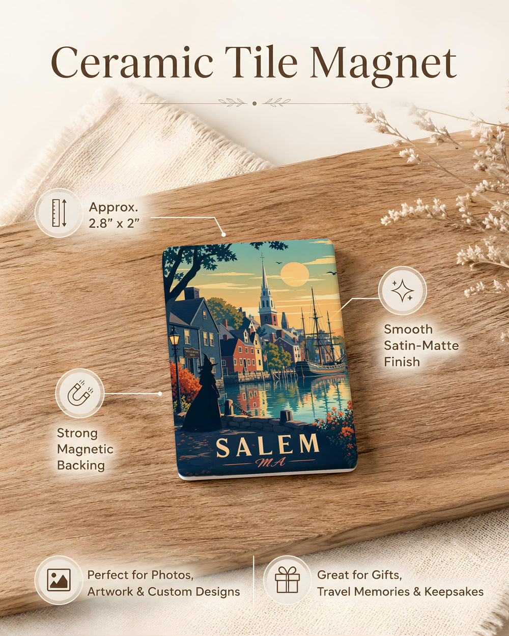 Salem MA Fridge Magnet, Salem Massachusetts Souvenir Magnet, Witch City Travel Gift, Historic Salem Landmark Keepsake Magnet