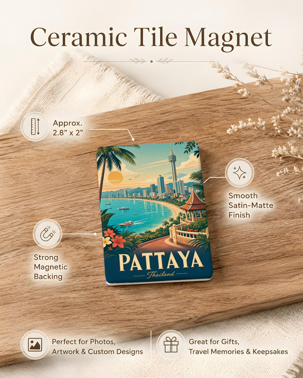 Pattaya Thailand Fridge Magnet, Pattaya Beach Souvenir Magnet, Thailand Travel Gift, Pattaya City Landmark Magnet