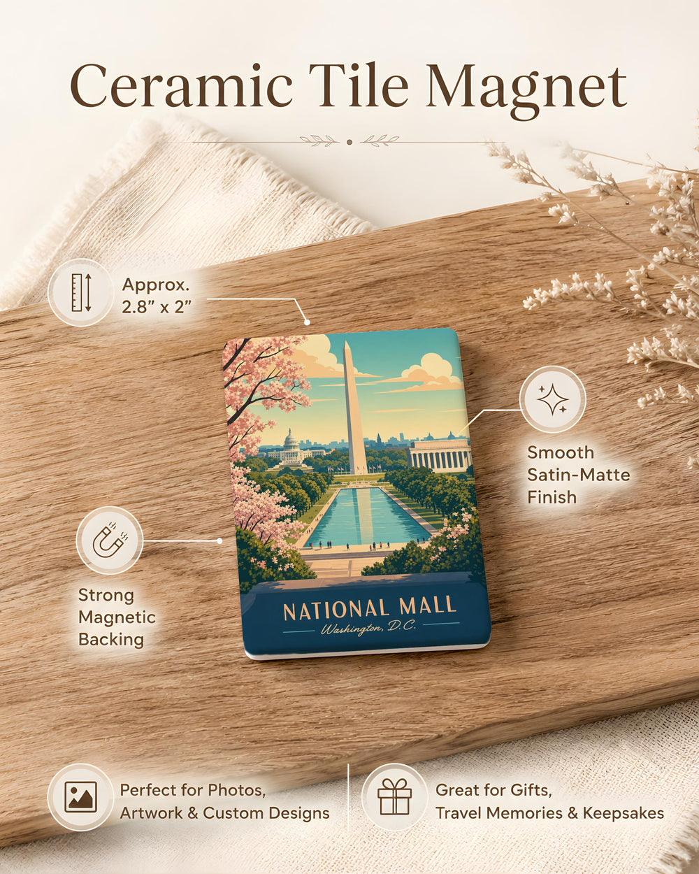 National Mall Fridge Magnet, Washington DC Landmark Souvenir, Capitol & Monuments Travel Keepsake Magnet
