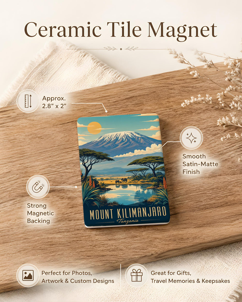 Mount Kilimanjaro Fridge Magnet, Tanzania Africa Mountain Souvenir Magnet, Travel Landmark Refrigerator Magnet