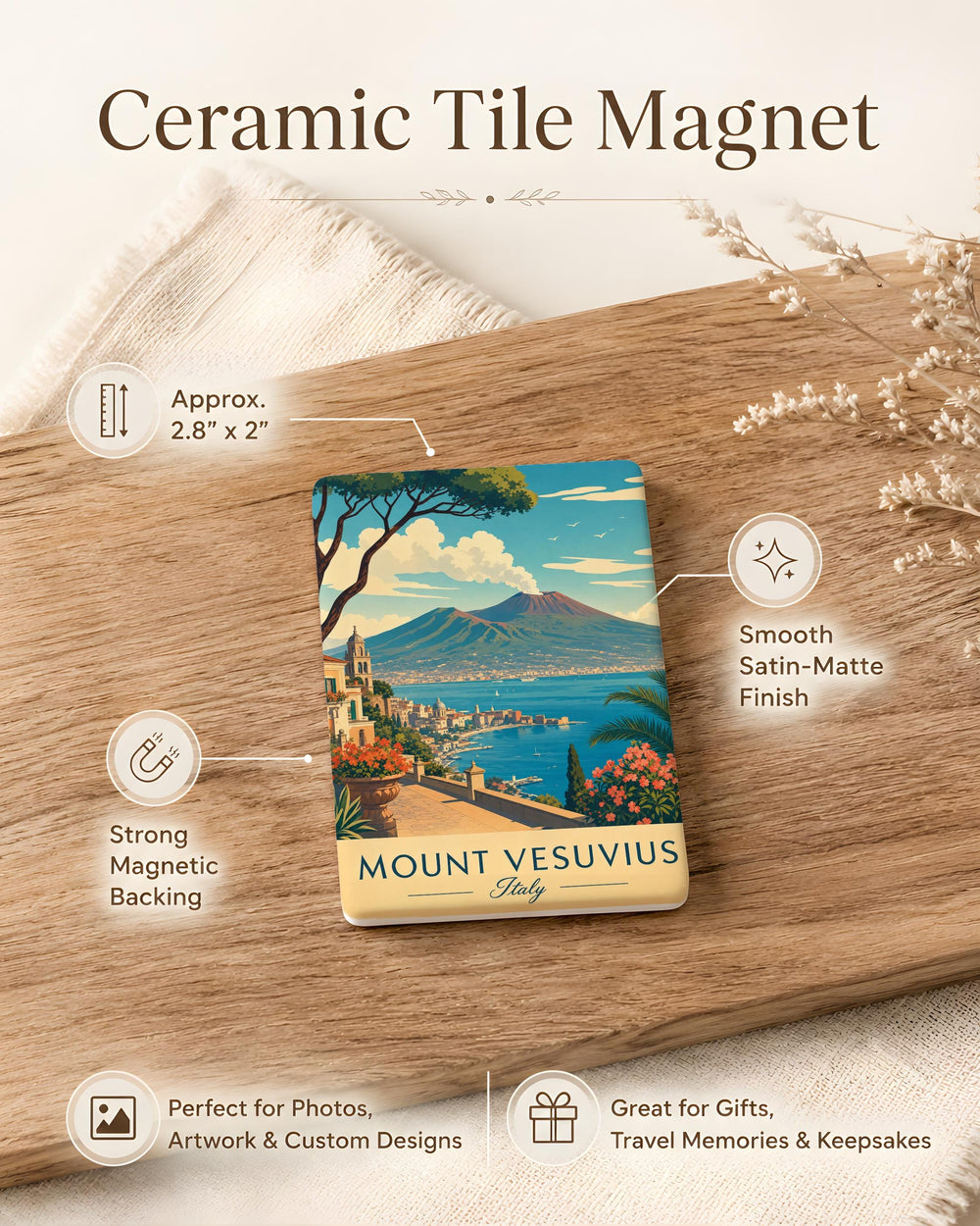 Mount Vesuvius Fridge Magnet, Italy Volcano Souvenir Magnet, Naples Travel Keepsake, Pompei Landmark Magnet