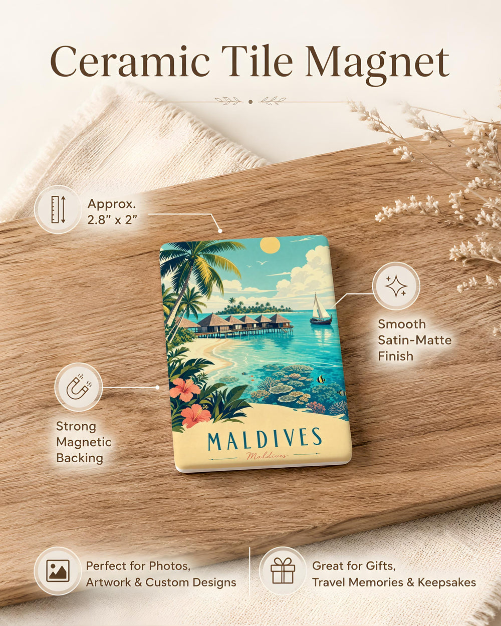 Maldives Fridge Magnet, Maldives Islands Souvenir Magnet, Tropical Beach Ocean Palm Trees Travel Gift Magnet