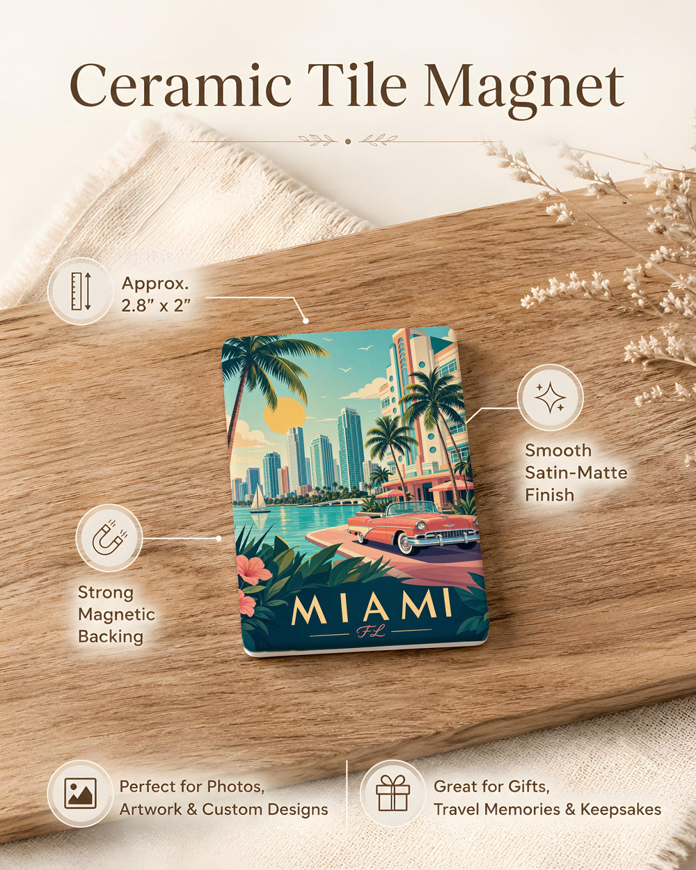 Miami Florida Fridge Magnet, Miami FL Souvenir Magnet, Miami Beach Travel Gift, Florida Vacation Keepsake, City Landmark Magnet