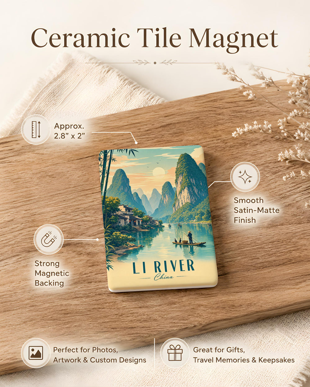 Li River Scenic Fridge Magnet, Guilin China Karst Mountains and River Landscape Souvenir Magnet