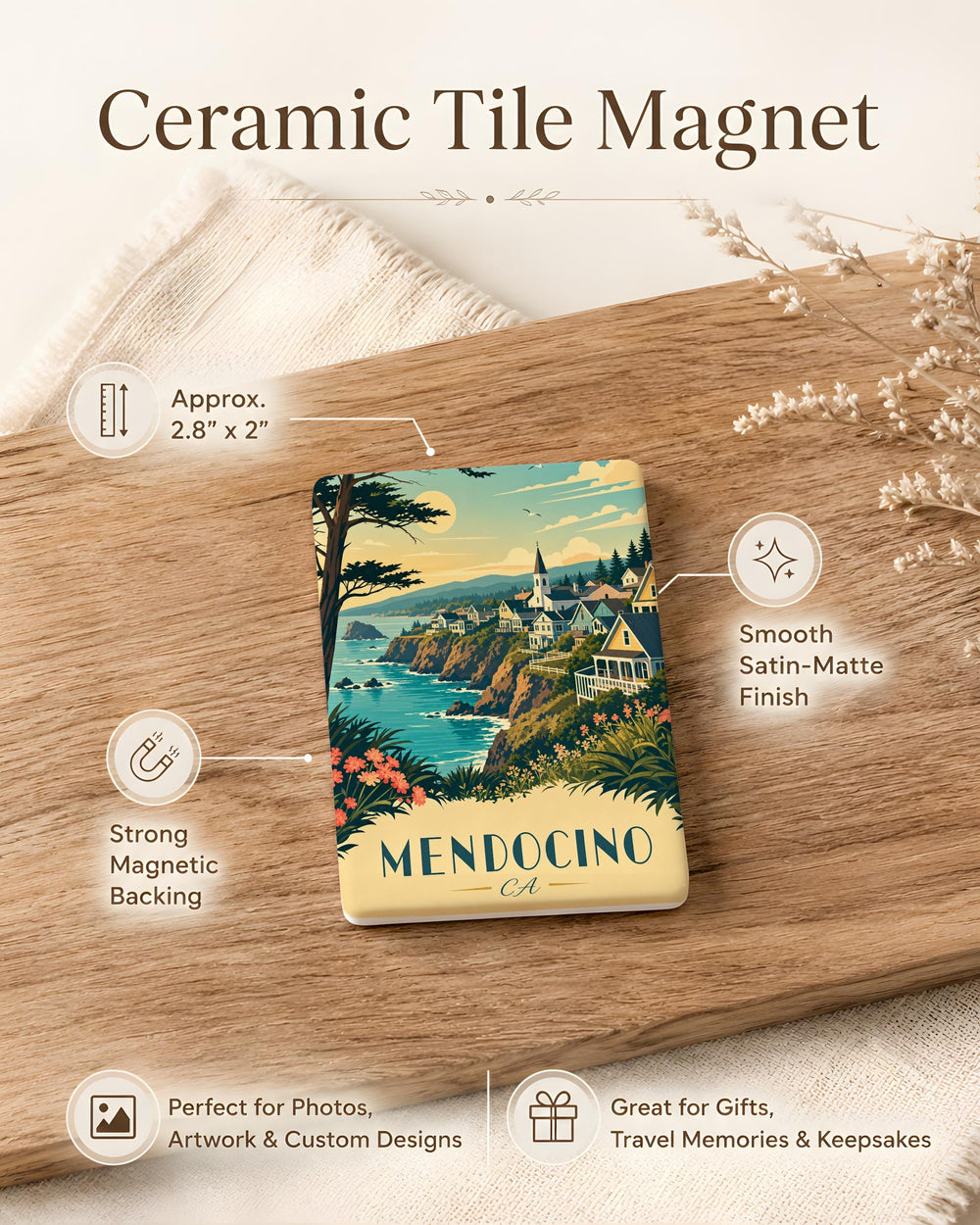 Mendocino CA Fridge Magnet, Mendocino California Souvenir Magnet, Coastal Town Travel Gift, Vacation Keepsake Magnet