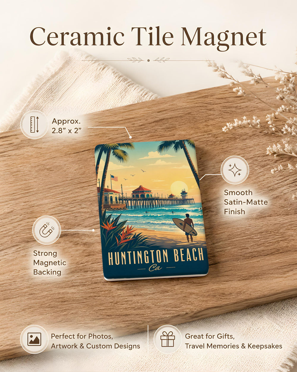 Huntington Beach CA Fridge Magnet, Huntington Beach California Souvenir Magnet, Beach Town Travel Gift, Coastal Vacation Keepsake