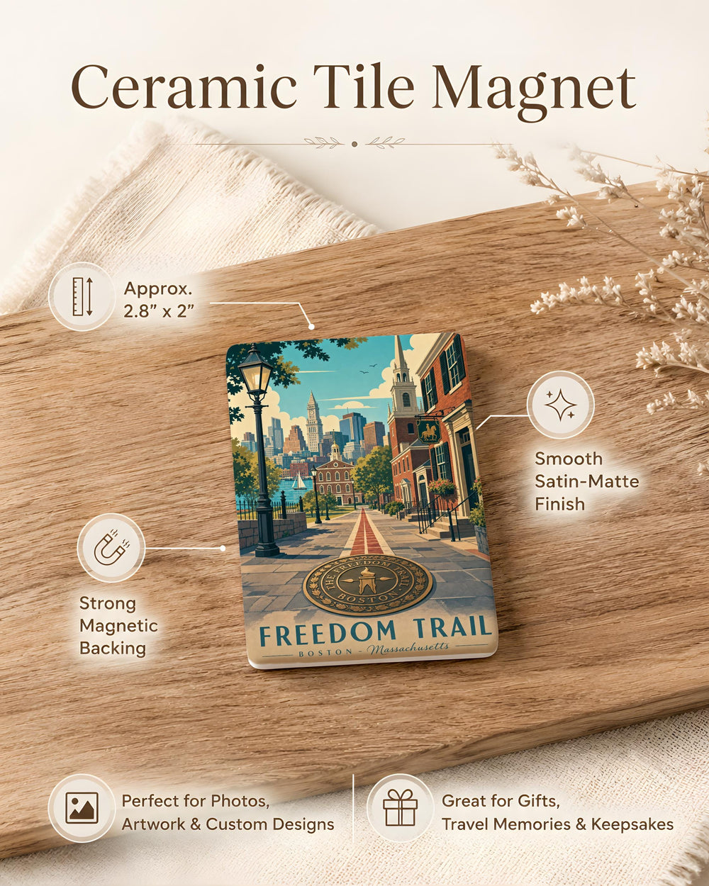 Freedom Trail Fridge Magnet, Boston Massachusetts Landmark Souvenir, Historic Walking Tour Route Keepsake Gift
