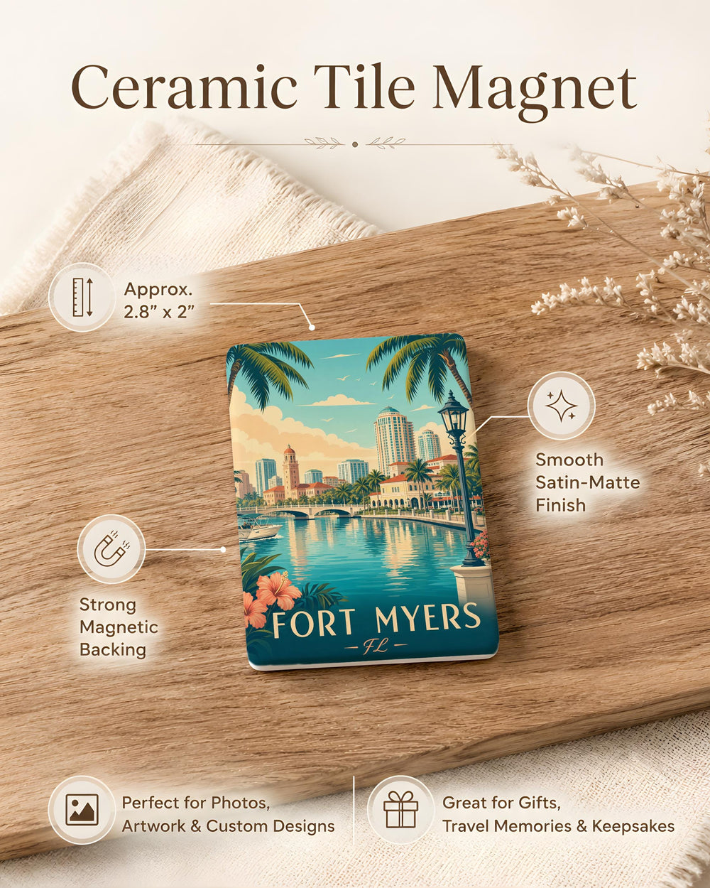 Fort Myers FL Fridge Magnet, Fort Myers Florida Souvenir Magnet, Coastal City Travel Gift, Beach Vacation Keepsake Magnet