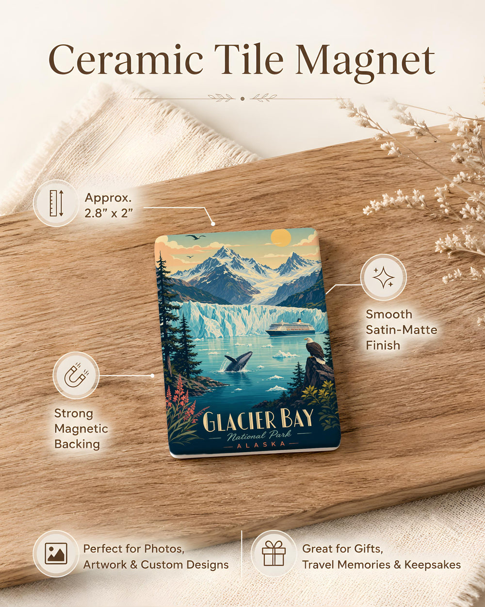 Glacier Bay National Park Fridge Magnet, Alaska Glacier and Mountain Scenic Souvenir Magnet, Travel Keepsake Gift