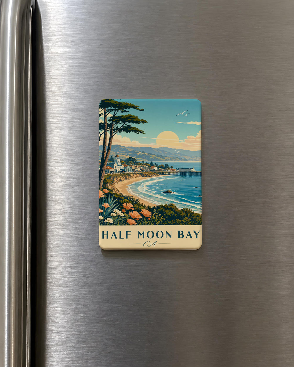 Half Moon Bay CA Fridge Magnet, California Coastal Town Souvenir Magnet, Half Moon Bay Travel Gift, Bay Area Keepsake Magnet