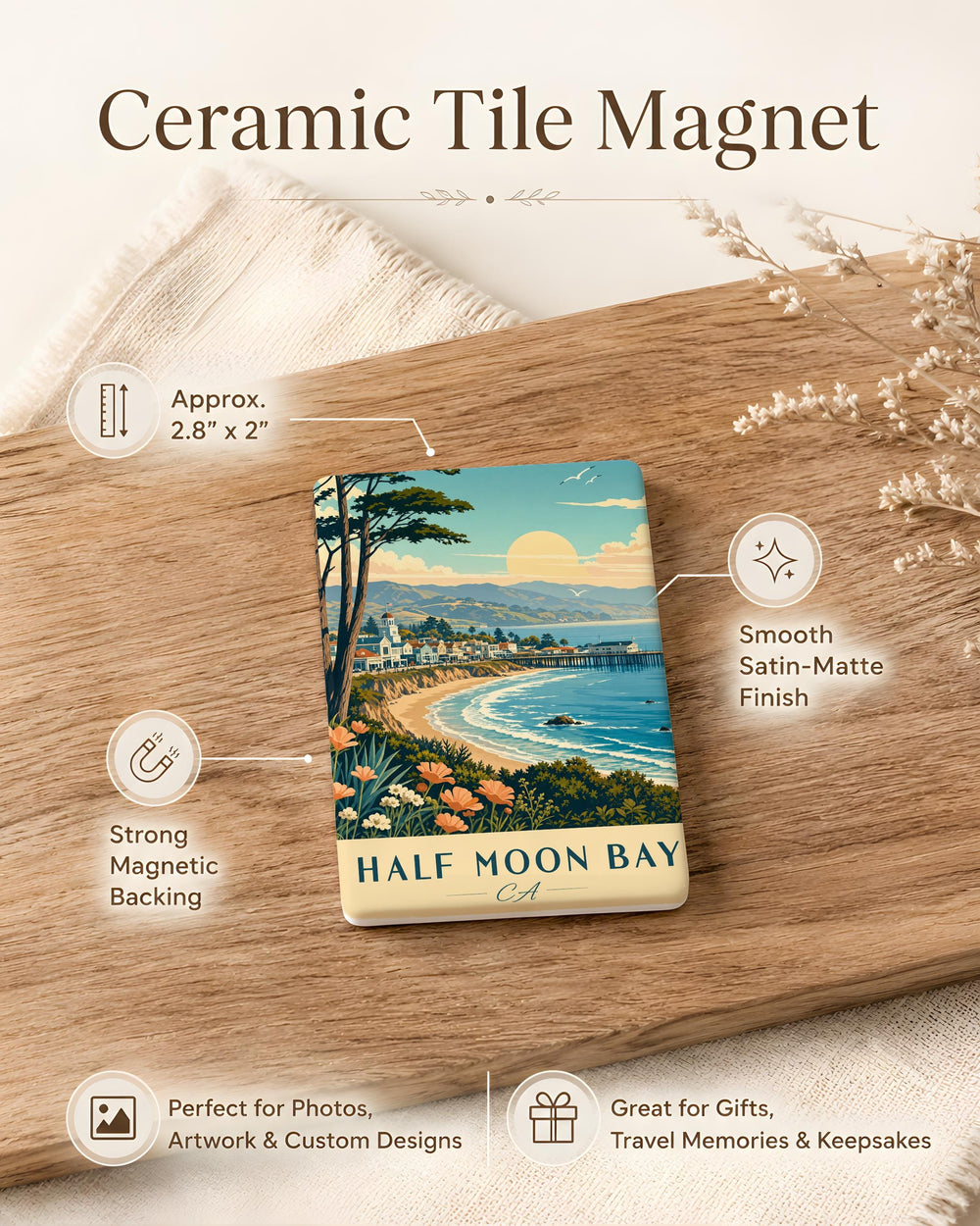 Half Moon Bay CA Fridge Magnet, California Coastal Town Souvenir Magnet, Half Moon Bay Travel Gift, Bay Area Keepsake Magnet