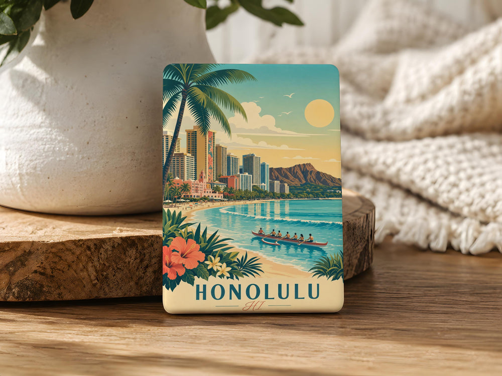 Honolulu HI Fridge Magnet, Hawaii Souvenir Magnet, Honolulu Travel Gift, Waikiki Beach Vacation Keepsake Magnet