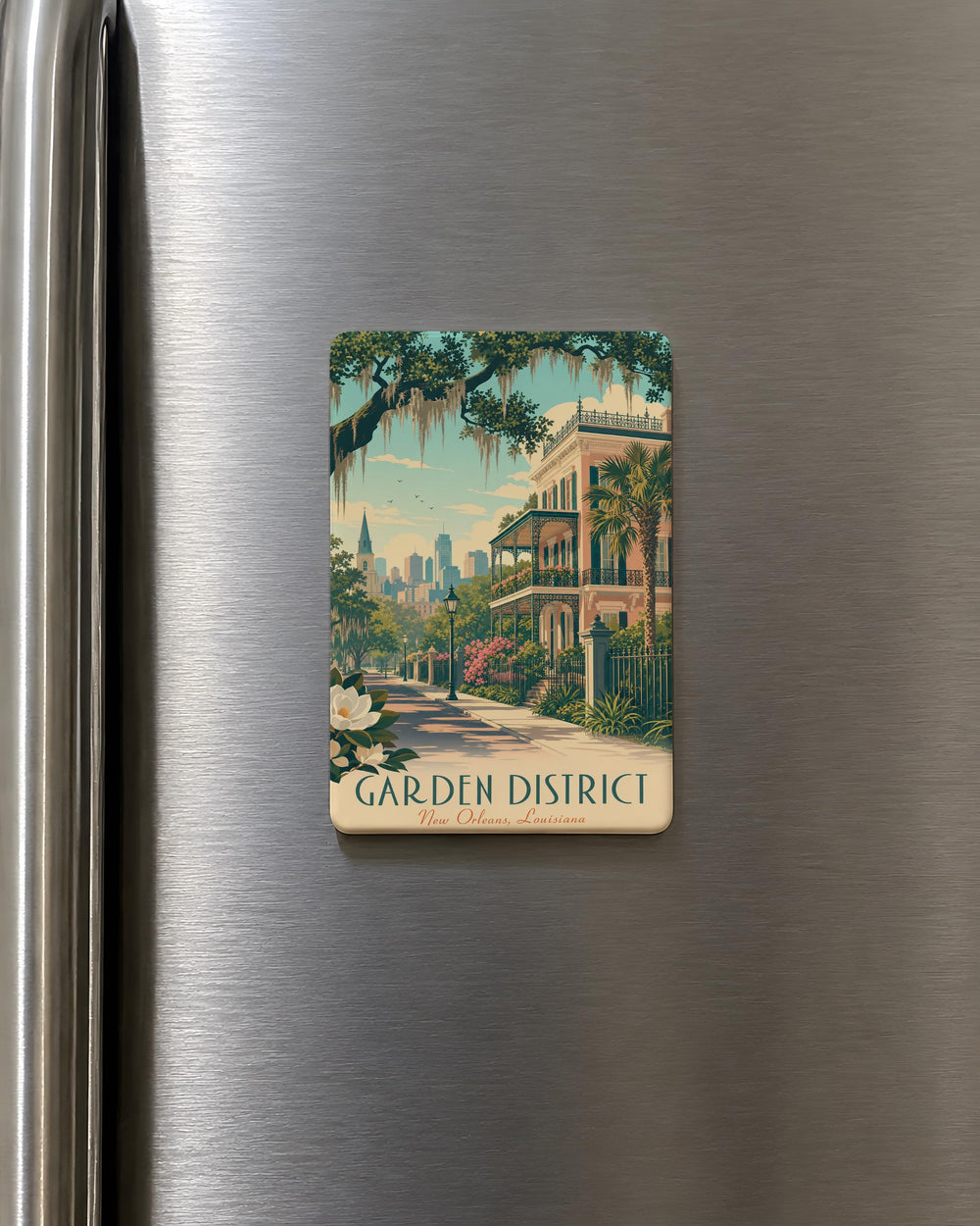 Garden District Fridge Magnet, New Orleans Neighborhood Souvenir, Historic Homes & Oak-Lined Streets Keepsake Magnet