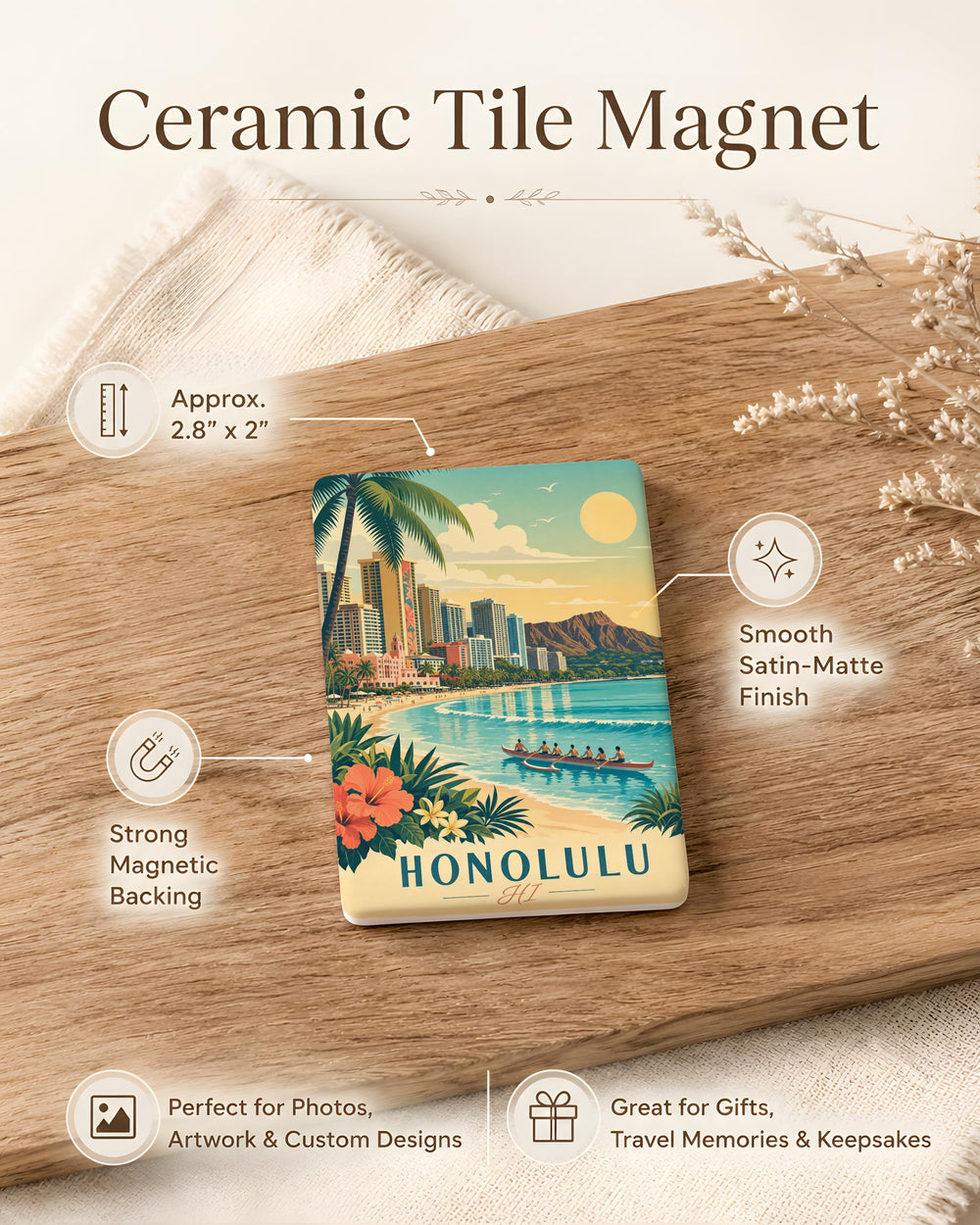 Honolulu HI Fridge Magnet, Hawaii Souvenir Magnet, Honolulu Travel Gift, Waikiki Beach Vacation Keepsake Magnet