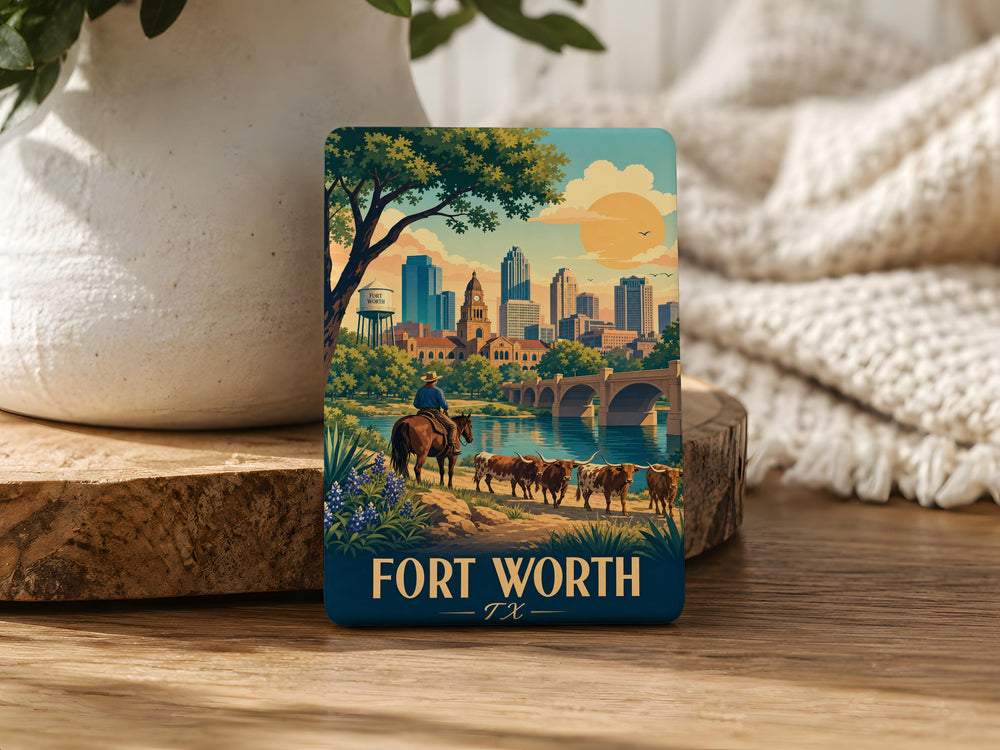 Fort Worth TX Fridge Magnet, Fort Worth Texas Souvenir Magnet, Cowtown Travel Gift, Stockyards Keepsake, Texas Landmark Magnet