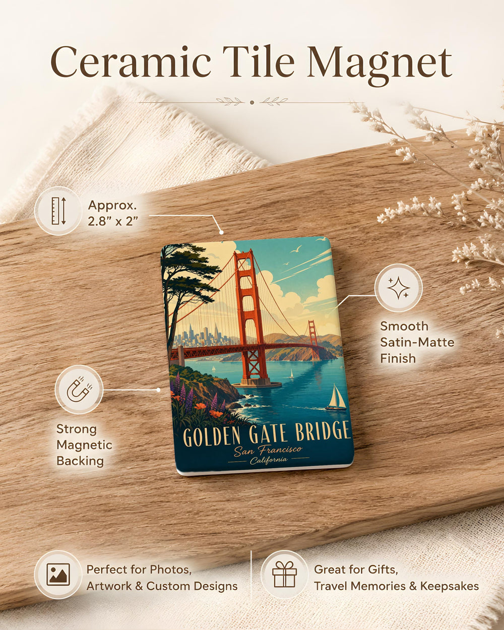 Golden Gate Bridge Fridge Magnet, San Francisco Landmark Souvenir Magnet, California Travel Gift, Bay Bridge Scene Magnet