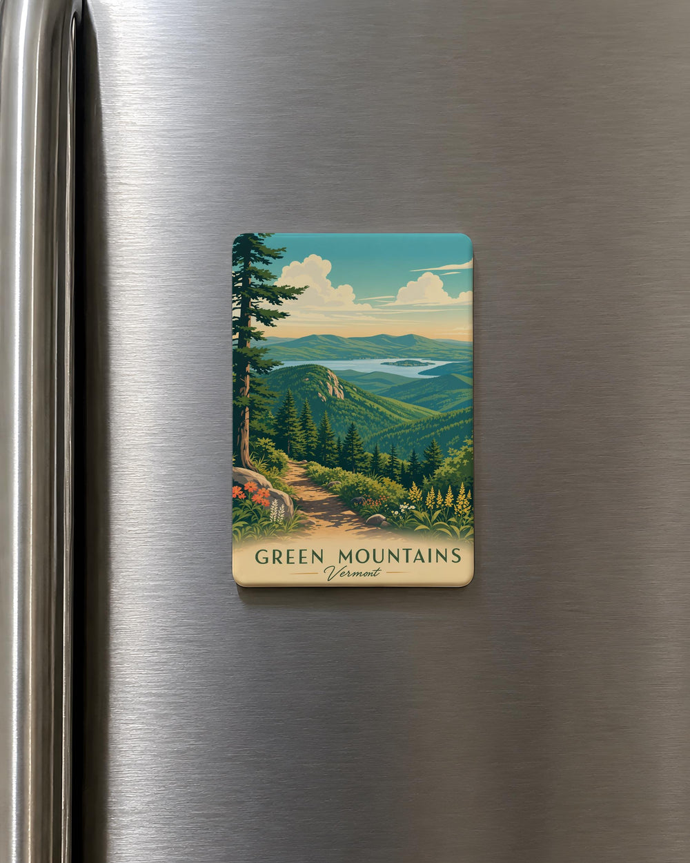 Green Mountains Fridge Magnet, Vermont Mountain Landscape Souvenir Magnet, Green Mountain State Travel Keepsake Magnet