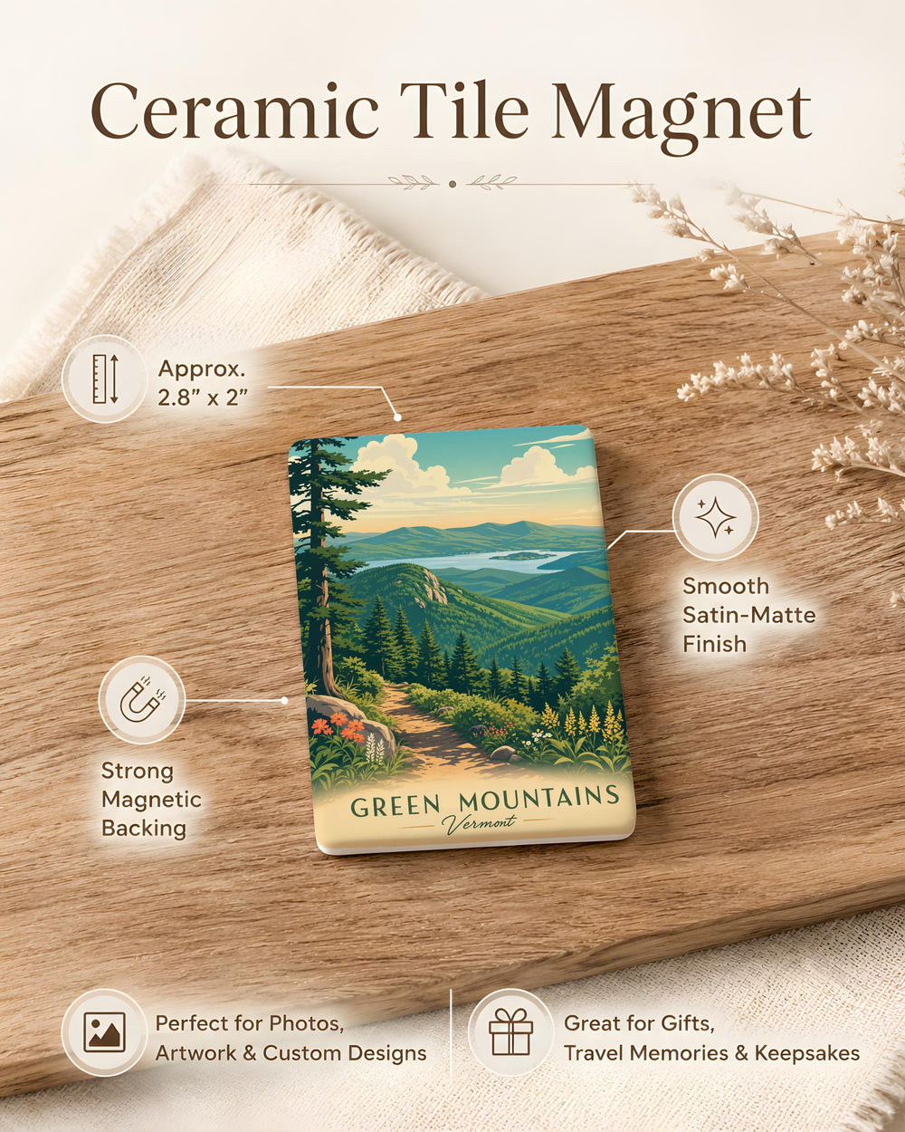 Green Mountains Fridge Magnet, Vermont Mountain Landscape Souvenir Magnet, Green Mountain State Travel Keepsake Magnet