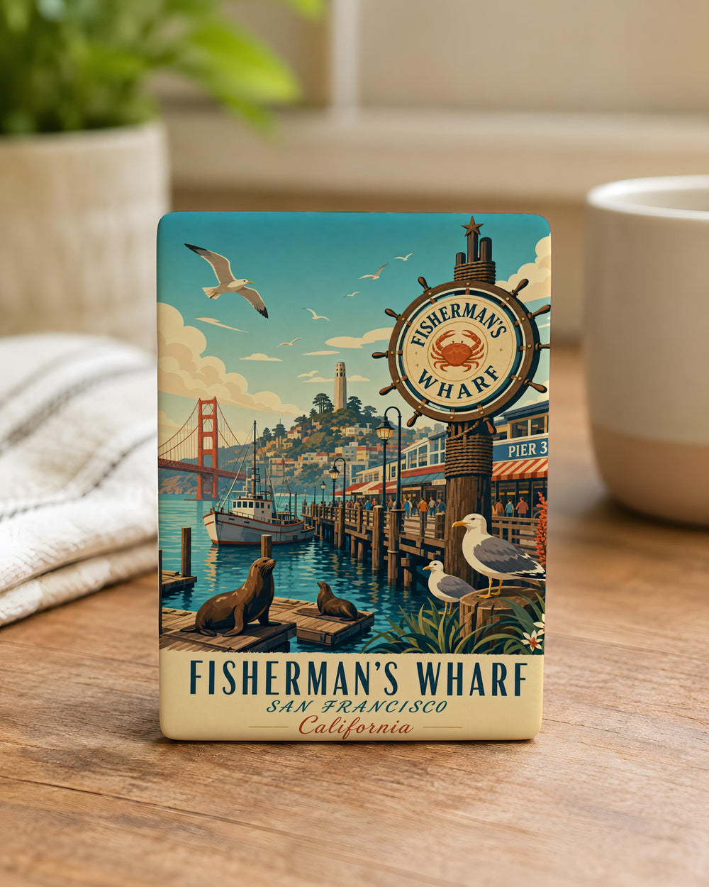 Fisherman’s Wharf Fridge Magnet, San Francisco Waterfront Souvenir, Pier 39 Harbor Scene, California Travel Keepsake Magnet