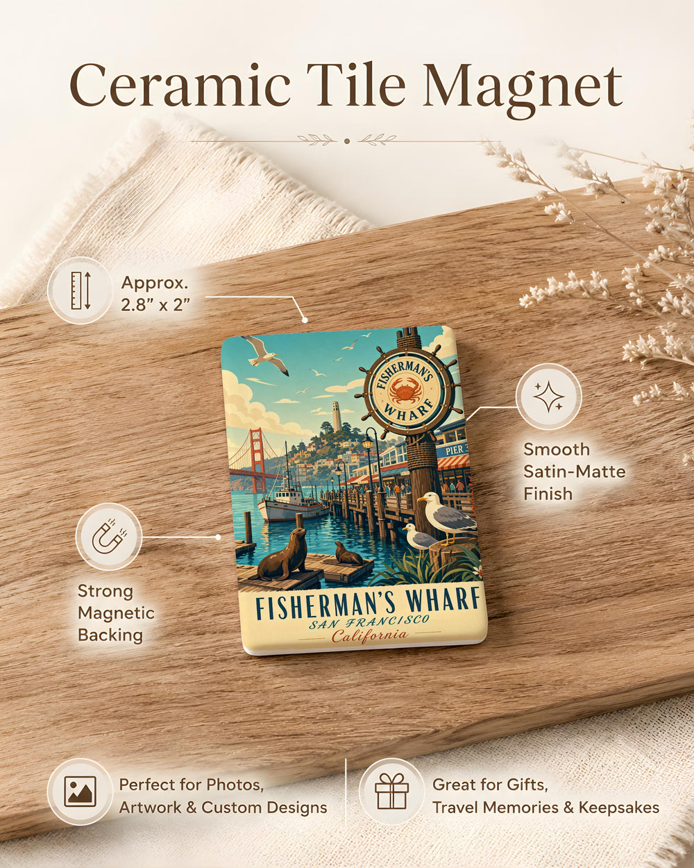 Fisherman’s Wharf Fridge Magnet, San Francisco Waterfront Souvenir, Pier 39 Harbor Scene, California Travel Keepsake Magnet