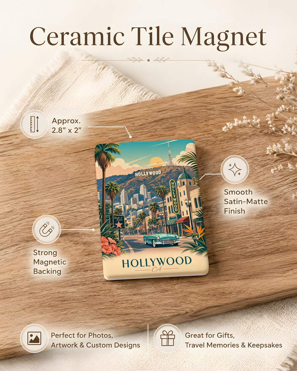 Hollywood California Fridge Magnet, Hollywood CA Souvenir Magnet, Los Angeles Landmark Travel Gift, California Vacation Keepsake