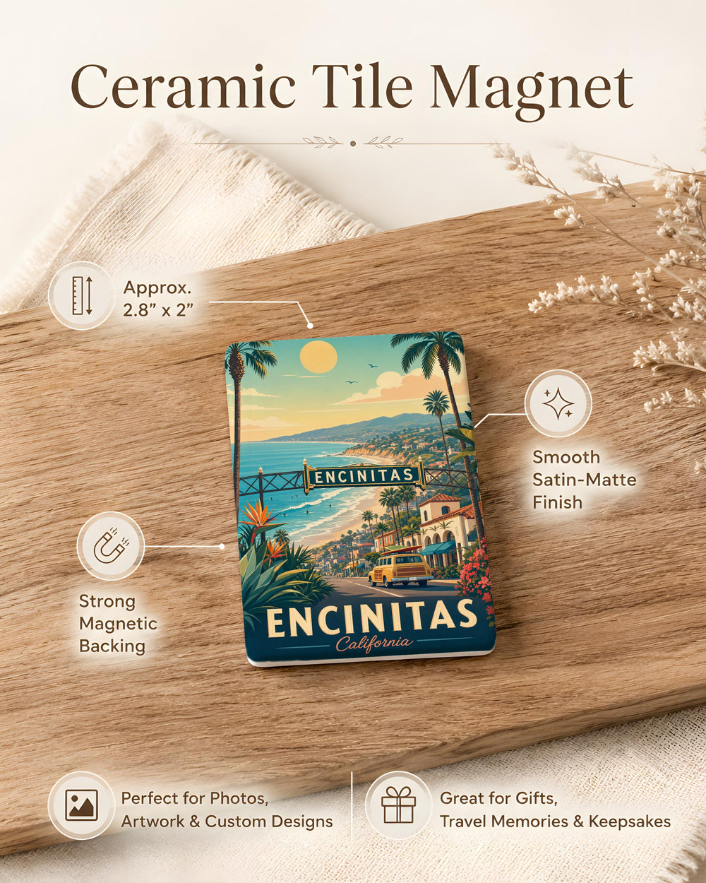Encinitas CA Fridge Magnet, Encinitas California Souvenir Magnet, Coastal Beach Town Travel Gift, Surf Town Keepsake Magnet