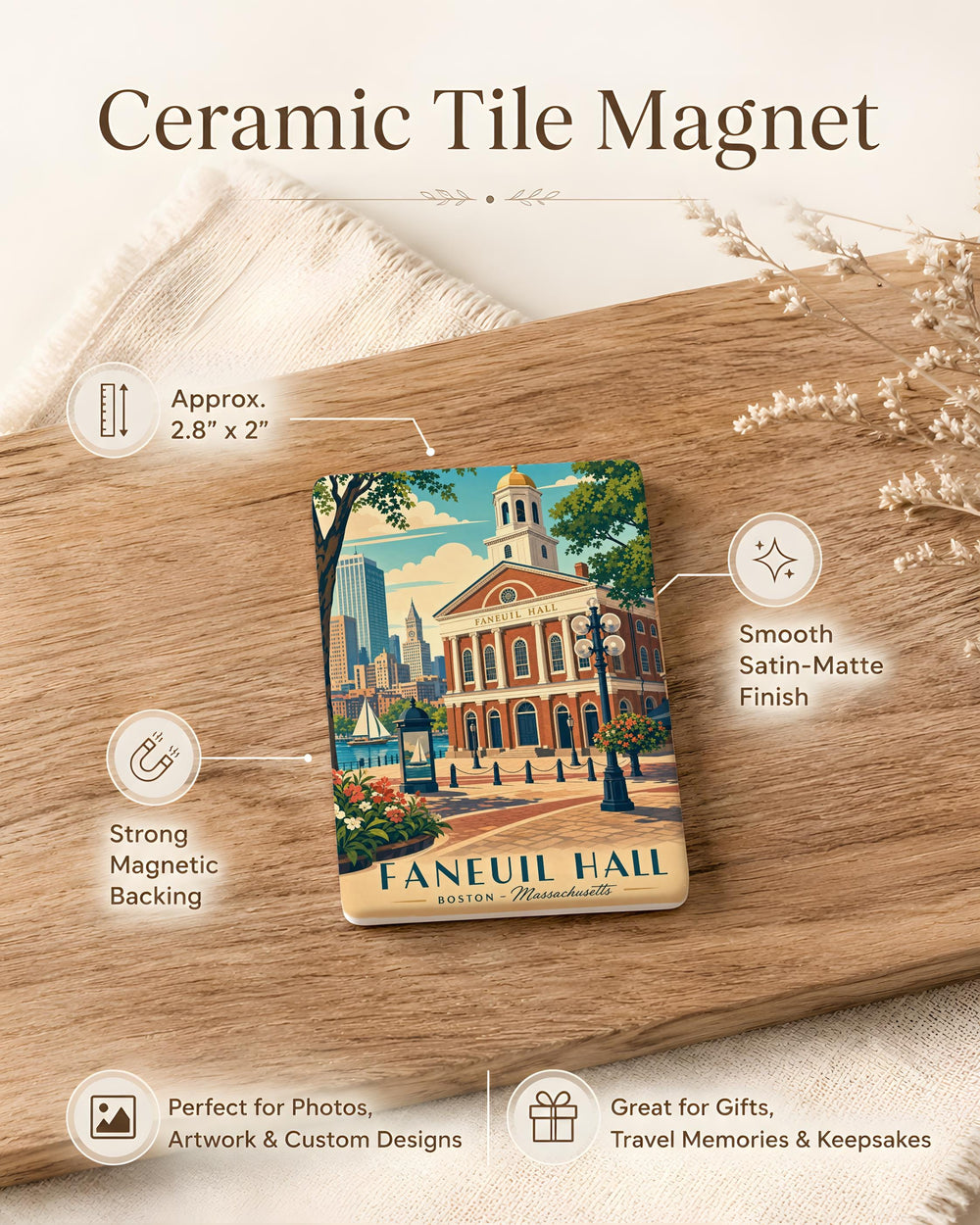 Faneuil Hall Boston Fridge Magnet, Quincy Market Landmark Souvenir, Massachusetts Travel Keepsake Magnet