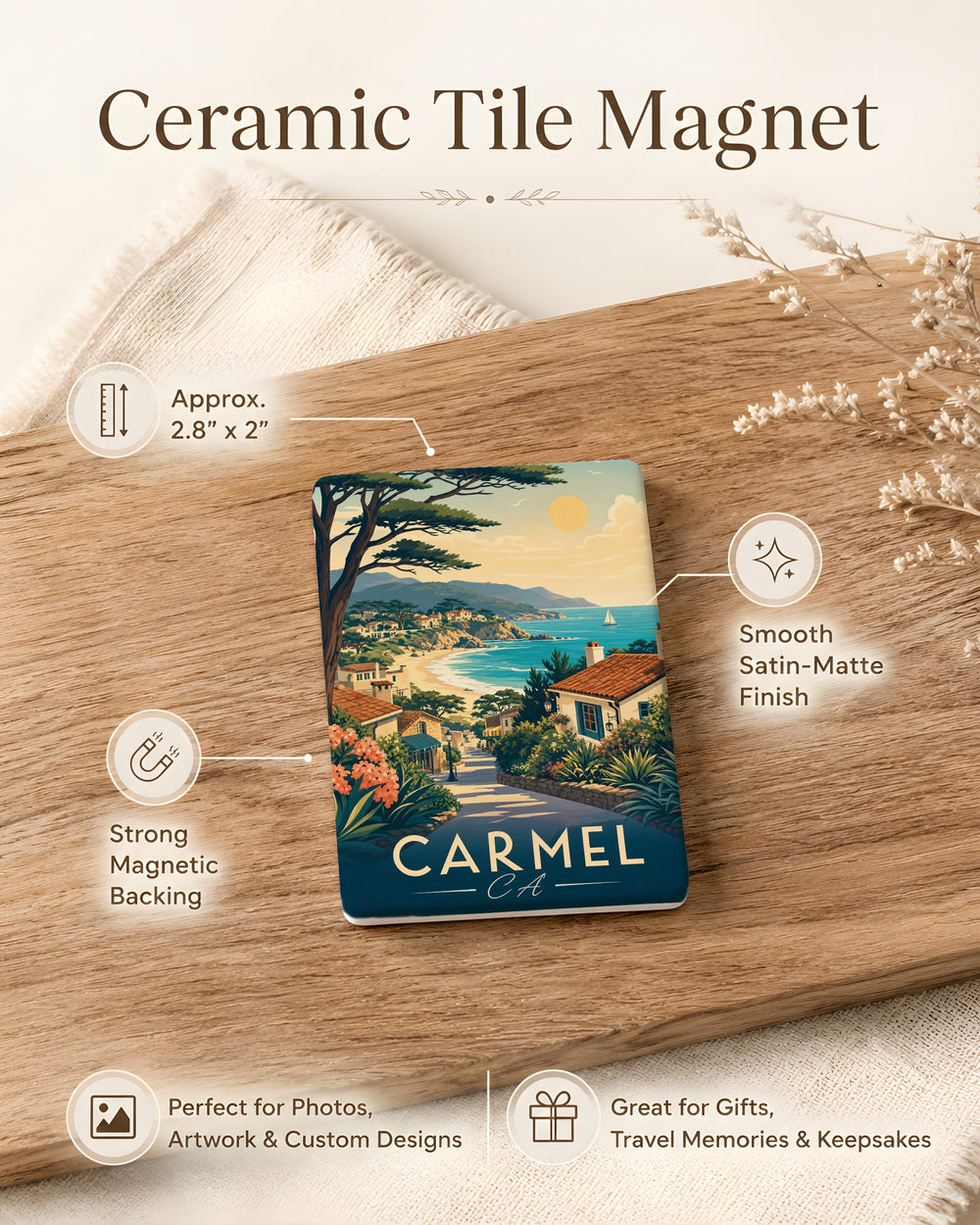 Carmel California Fridge Magnet, Carmel-by-the-Sea Souvenir Magnet, Coastal Town Travel Gift, Monterey Peninsula Keepsake