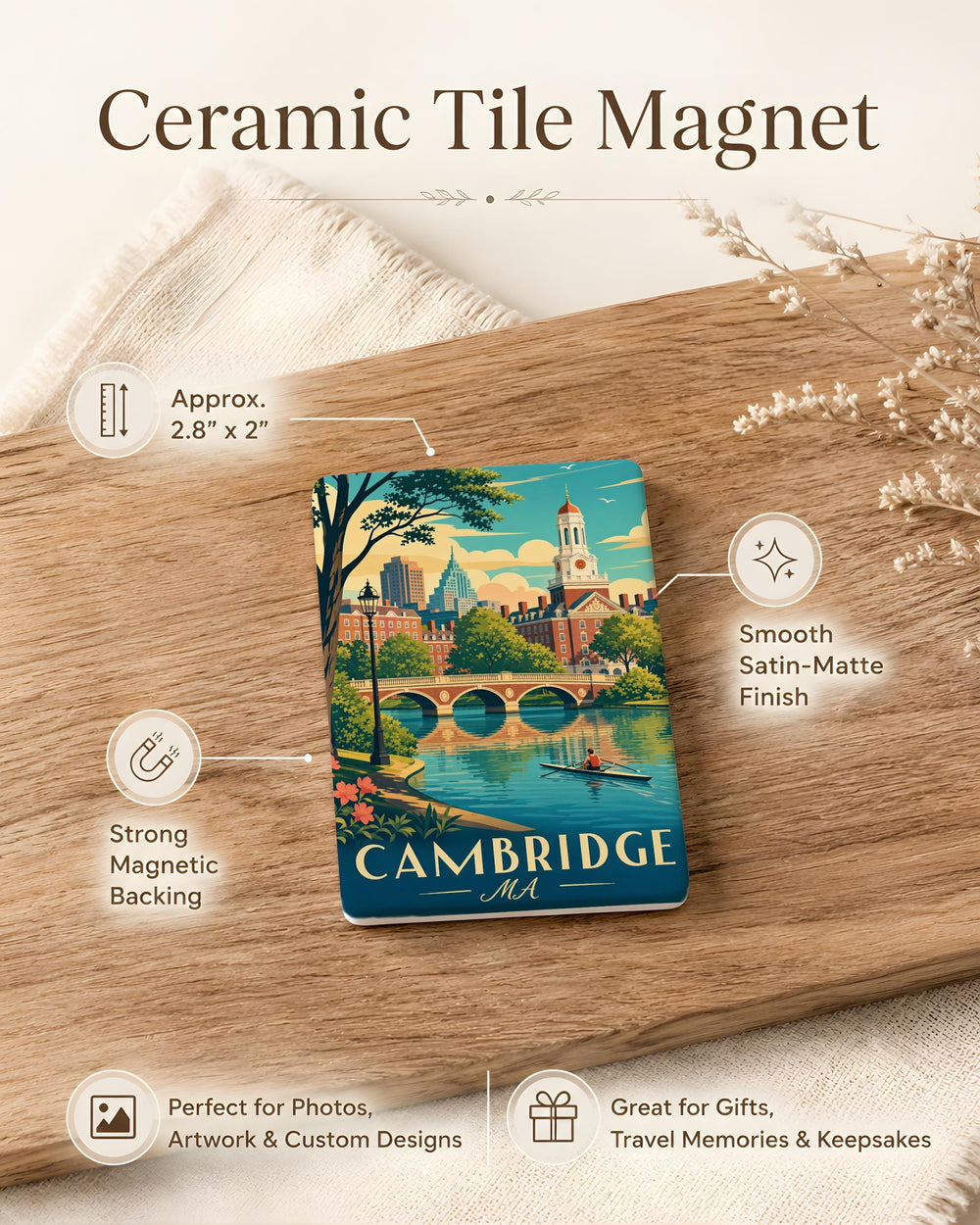 Cambridge MA Fridge Magnet, Cambridge Massachusetts Souvenir Magnet, Harvard Square Travel Gift, Boston Area Keepsake Magnet