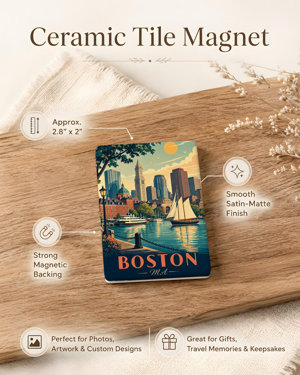 Boston MA Fridge Magnet, Boston Massachusetts Souvenir Magnet, Boston Skyline Landmark Travel Gift, New England Keepsake Magnet